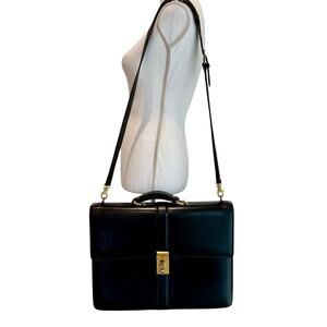 Vintage Mark Cross black lawyer accordion briefcase Italy strap brass hardware